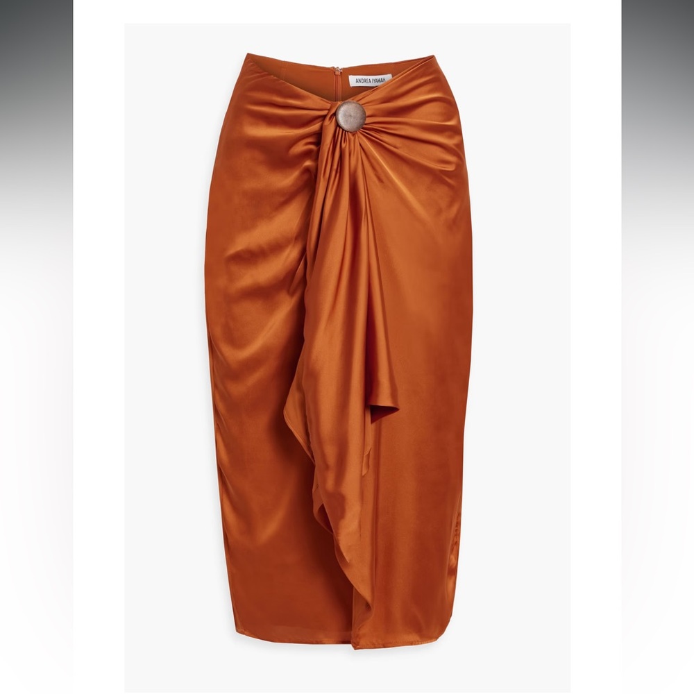 ANDREA IYAMAH • Draped button-embellished satin midi skirt • Size S • Like New